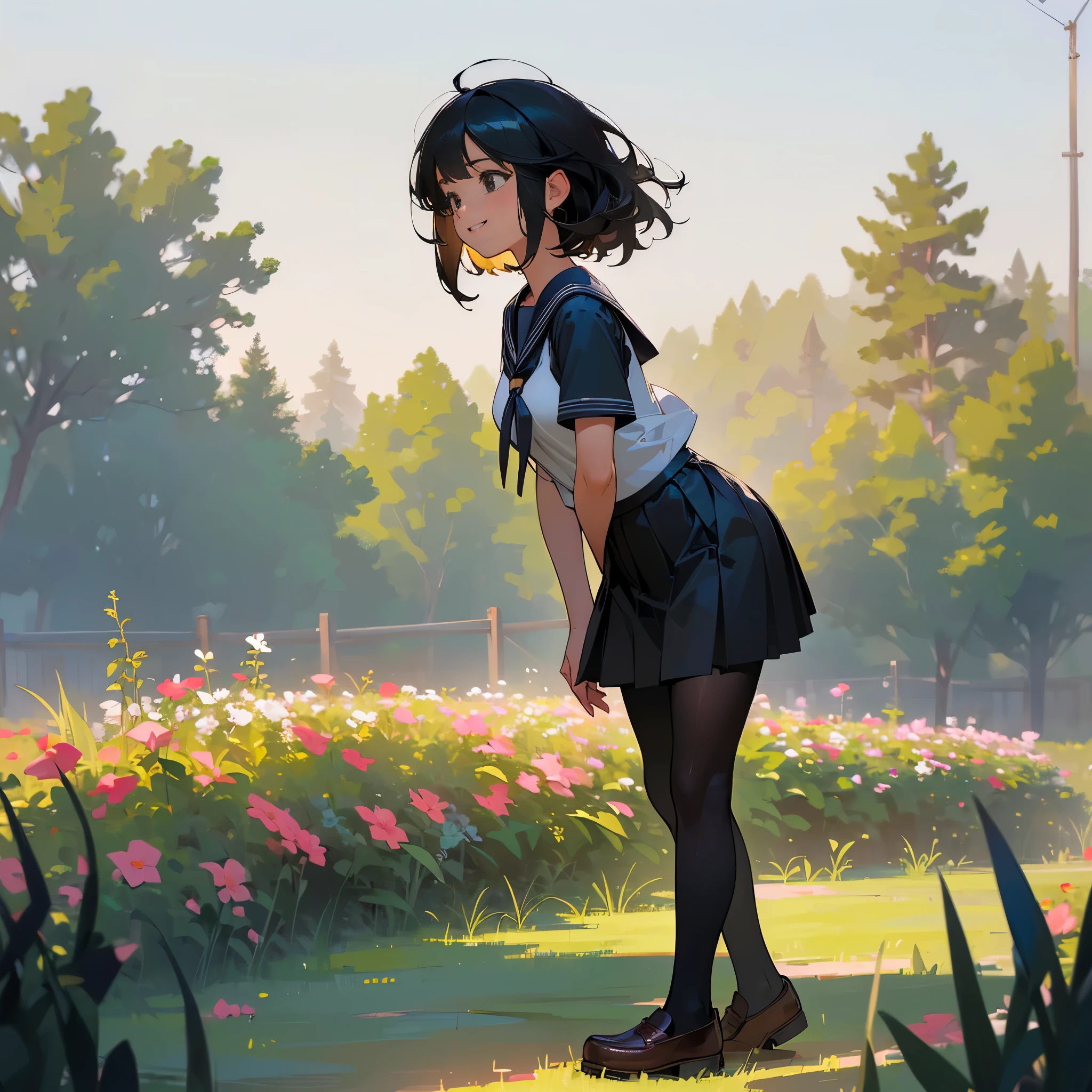 (Highest quality, High resolution, Super detailed, Realistic:1.37), Peaceful atmosphere, (Outdoor, garden), Teenage girl standing alone,(my breasts are big.),Beautifully detailed features, Cute Smile, ((Black bob hair)),Short-sleeved sailor uniform, Pleated skirt,Black tights,Brown leather shoes.