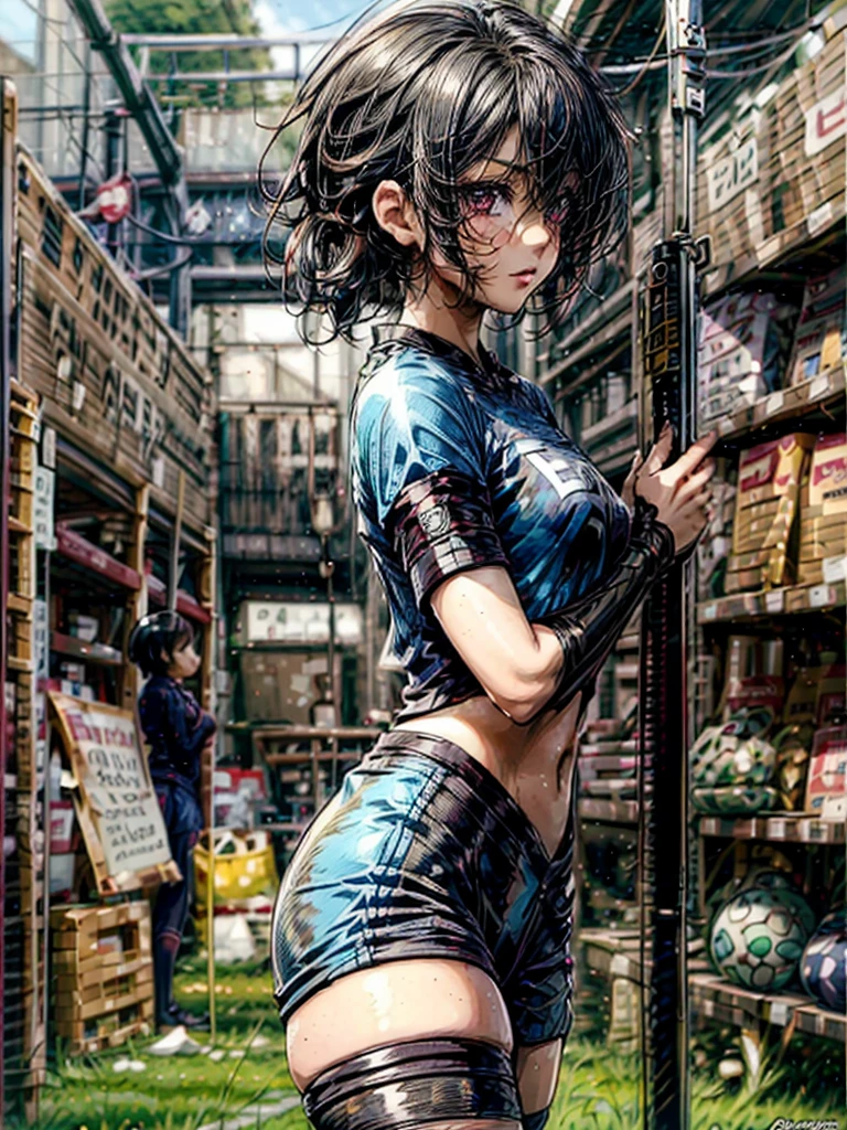 (masterpiece)(8k)(cute)(25-year old woman)(facing away, looking back:1.3)(1girl:1.5)(solo:1.8)(wild hair:1.3)(short hair:1.3)(black brown hair)(shiny hair:1.2)(hair over one eye:1.5)(hairbun:1.2)(small breasts:1.5)(flat chest:1.5)(perky nipples:1.3)(black pupils:1.4)(glossy skin:1.4)(glossy lips)(dark, glossy eye-shadow:1.6)(dark eyelashes:1.4)(wearing soccer_uniform:1.5)(on soccer_field:1.3)(seductive pose:1.3)  rossdraws pastel vibrant, rossdraws cartoon vibrant, style anime 8k, beautiful portrait, artgerm colorful!!!, ! dream artgerm, beautiful anime girl, styled digital art, art wallpaper 8k, digital art, extremely detailed artgerm,