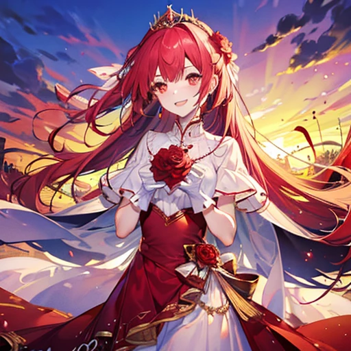 Red Rose Princess, Red Rose, 1 female, Red hair, Shiny Hair, Long Hair, Red eyes, Big eyes, Gold Tiara, Long dress, Red Ribbon, Shiny Dress, Puff sleeves, short, Fluttering white gloves, Place a glowing Red Rose in both hands, smile, kind, sacred, Like a goddess, sunset