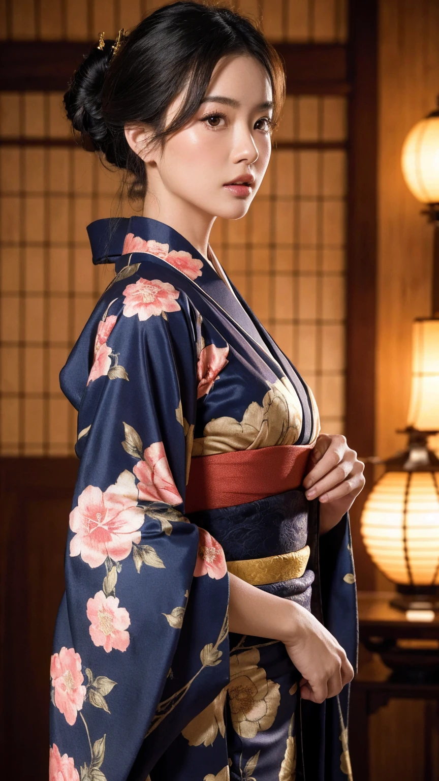 big breasted japanese woman in elaborate kimono, ornate shrine, cinematic atmosphere, (best quality,4k,8k,highres,masterpiece:1.2),ultra-detailed,(realistic,photorealistic,photo-realistic:1.37),(looking at viewer),highly detailed face,beautiful detailed eyes,beautiful detailed lips,extremely detailed eyes and face,long eyelashes,intricate kimono design,ornate shrine background,warm lighting,dramatic shadows,vibrant colors,photorealistic