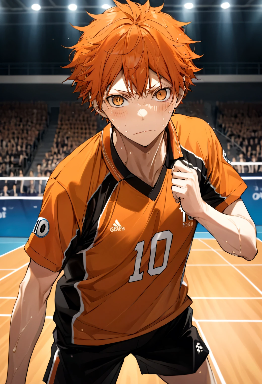 masterpiece, best quality, very aesthetic, absurdres, 1boy, hinata shouyou,	haikyuu!!, 
Black and orange number 10 volleyball uniforms, Gut-punch with right hand, smug look, spattering sweat, Vibrancy, dramatic, beating heart, sense of achievement, 
Gymnasium, volleyball court