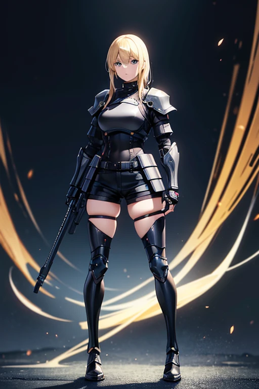 Anime Art、Full body portrait、Future SF Bodyguard、A woman, about 38 years old, about 175cm tall, standing with her legs apart, wearing black body armor and black leather shorts、Calm expression、Hairstyle is medium、Blonde、Blue Eyes、Black tights、Wearing shoulder armor、Both arms are prosthetic、Both legs are prosthetic、headset