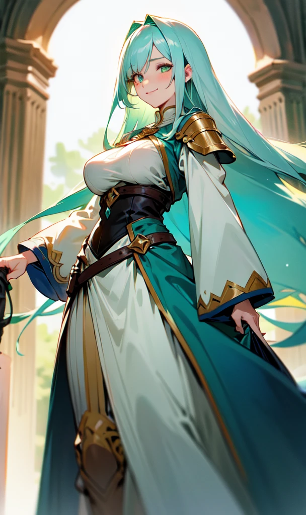 Older woman with big breasts wearing a fantasy world outfit while standing with a slight smile walking with light green eyes and long dark blue hair covering her right eye