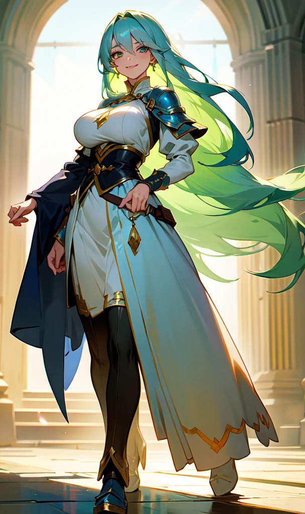 Older woman with big breasts wearing a fantasy world outfit while standing with a slight smile walking with light green eyes and long dark blue hair covering her right eye