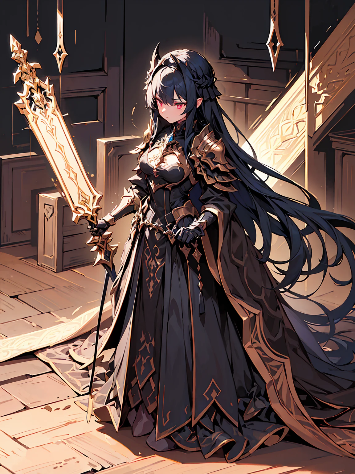 A breathtaking artwork of a female character of unimaginable beauty, set in a dark and opulent environment. The full-body view reveals an impressive figure, exuding an aura of power and mystery. She wears black and gold clothes, radiating a luxurious darkness. Her armor is detailed and characteristic, with intricate golden designs that shimmer in the dim light. Ornate shoulder pads protect her shoulders, and the armor perfectly molds to her body, accentuating her formidable presence.

Her long black hair flows like a river of darkness, contrasting with her mesmerizing scarlet eyes. Her beauty is almost supernatural, a perfect blend of grace and menace. She wields a cursed blade that seems to pulse with malevolent energy, enhancing her aura of danger.

The setting around her is a gothic and luxurious environment, with dark arches and stained glass windows that filter a supernatural light. In the background, candles flicker, casting dancing shadows on the intricately carved stone walls. It is a place that blends elegance and terror, perfectly reflecting the essence of the character.
