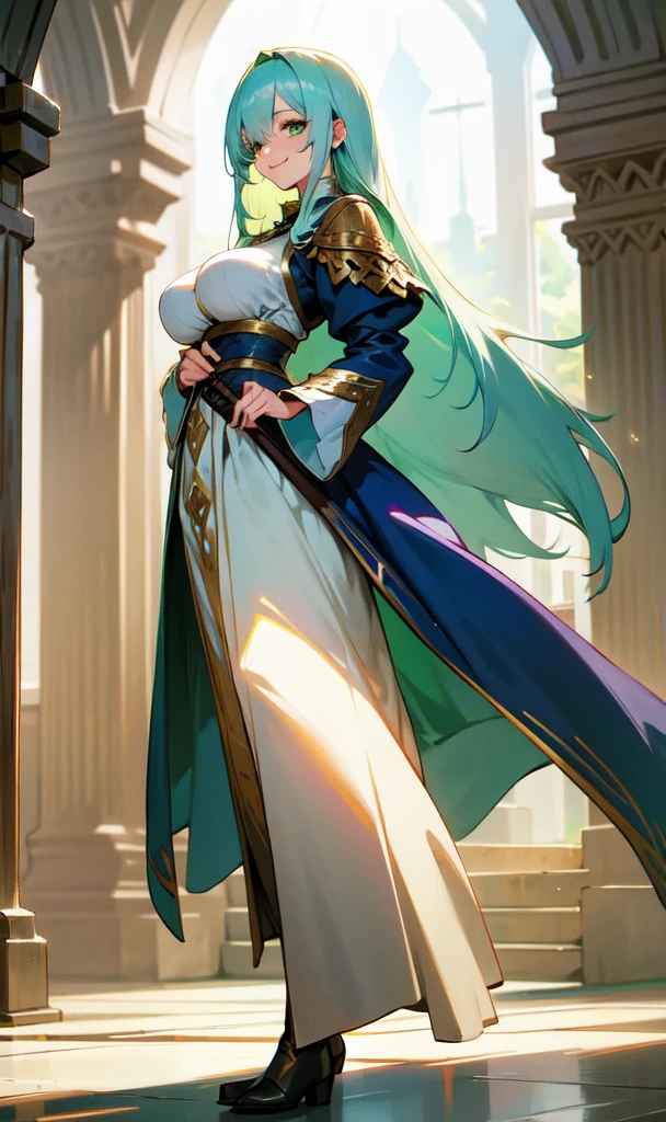 Older woman with big breasts wearing a fantasy world outfit while standing with a slight smile walking with light green eyes and long dark blue hair covering her right eye