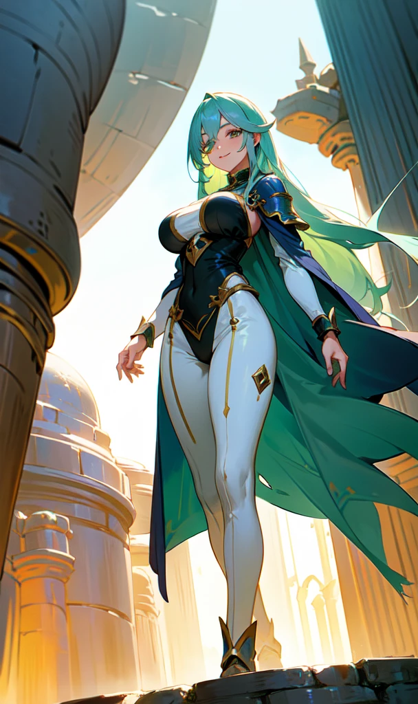 Older woman with big breasts wearing a fantasy world outfit while smiling slightly, walking with light green eyes and long dark blue hair with dark green covering the right eye