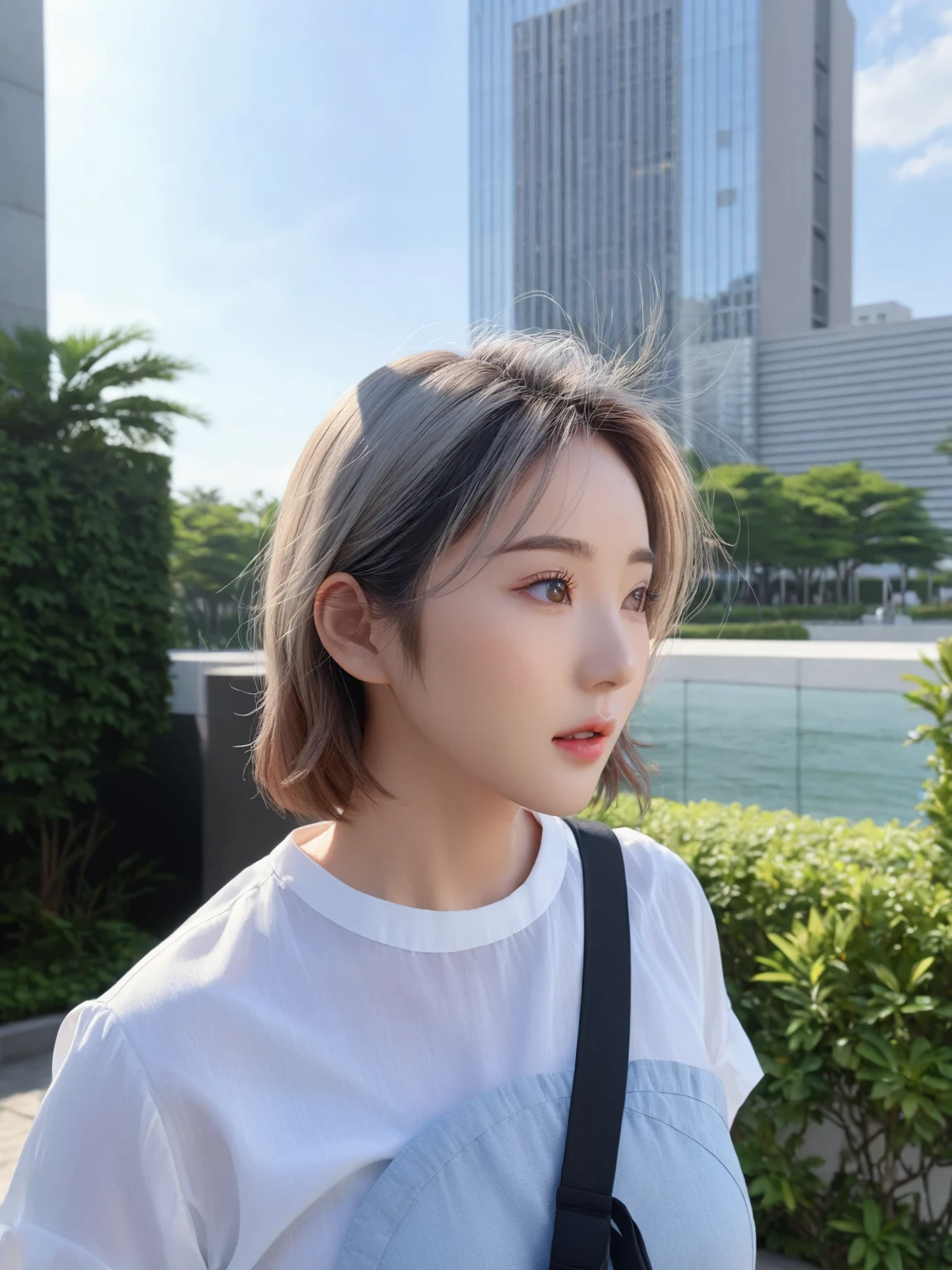 Best Quality, 8k, Masterpiece, (Portrait: 1.3), (photo realistic:1.4), (hyper realistic:1.4), Sharp Focus, looking at viewer, (smoother lighting:1.1), (increase cinematic lighting quality:0.9), realistic lighting, backlighting, light on face, ray trace, (brightening light:1.2), (Increase quality:1.4), sharp detail, (best quality real texture skin:1.4), finely detailed eyes, black_eyes, finely detailed face, 25 year old Korean woman, (white formal_shirt:1.4), (Create an image maintaining the original base model hairstyle:1.5)