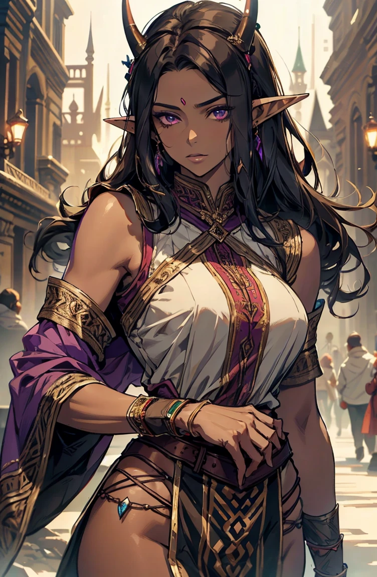 brown skin, older woman, sexy, tall, brown skin, one wing, black hair, elf, elf ears, horns, sleeveless, purple