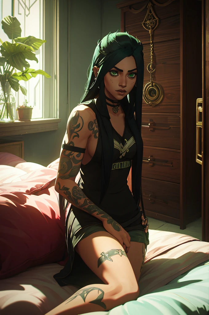 only one girl, black hair, green eyes, has tattoos, piercings, light skin but not that light, long hair gothic dark style punk diesel, in her room, pijama