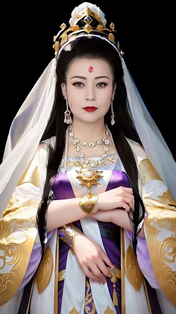 Close-up of woman wearing purple dress and black dress, Wearing a golden crown,Dressed in white veil,A young woman plays, Queen of the Sea Mu Yanling, Inspired by Huang Ji, Inspired by Lv Ji, Chinese Queen, Chinese Princess, Inspired by trees, Kazakh Queen, Inspired by Zhang Yin, Inspired by Li Tang