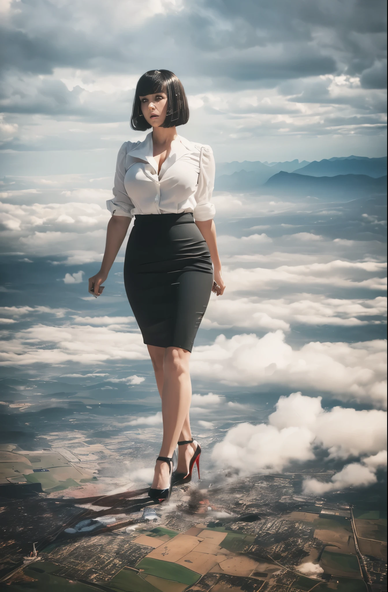 Millie Bobby Brown, (masterpiece, best quality, best shadows, best shading, perfect hands, perfect face, cinematic lighting, colorful, ultra-detailed, beautiful photography, character focus, extremely-detailed, photorealistic, hyper photorealism, atmospheric), (rural destruction:1.7), (giantess, stereotypical office worker), (dirty, filthy, unwashed, sweaty, unkempt, angry, tired, exhausted, annoyed), (walking, mid stride, stepping down on, stomping, crush, rampage), (black patent Louboutin pointed toe pumps, high heels, stiletto heels), ((revealing crisp white blouse, short black pencil skirt)), ((long straight hair with front bangs)), (high altitude photography, satellite view), (curvy, exposed cleavage, heaving bosom, legs), (urban sprawl, farmland and small towns, destruction, buildings, roads), (((cloudy, overcast, clouds and atmosphere partly obscuring the subject, hazy atmosphere, haze in foreground, wispy clouds)))