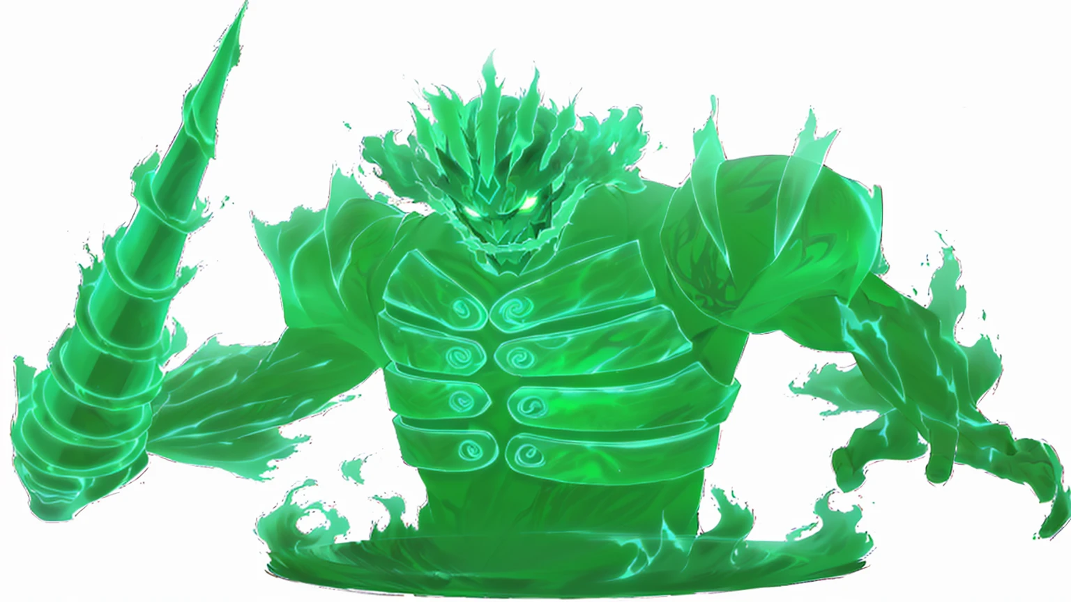a green and black image of a demon with a sword, luminous water elemental, glowing guy creature, elemental water iridescence, threatening aura, Bushido detailed in the form of smoke, green doom face, green aura, male djinn man demon hybrid, malignant aura, glowing green soul blade, emanating threatening aura, ghostly form, colorful muscular supernatural, Susanoo, anime art, susanoo from sasuke uchiha, skill, giant spirit, translucent black.