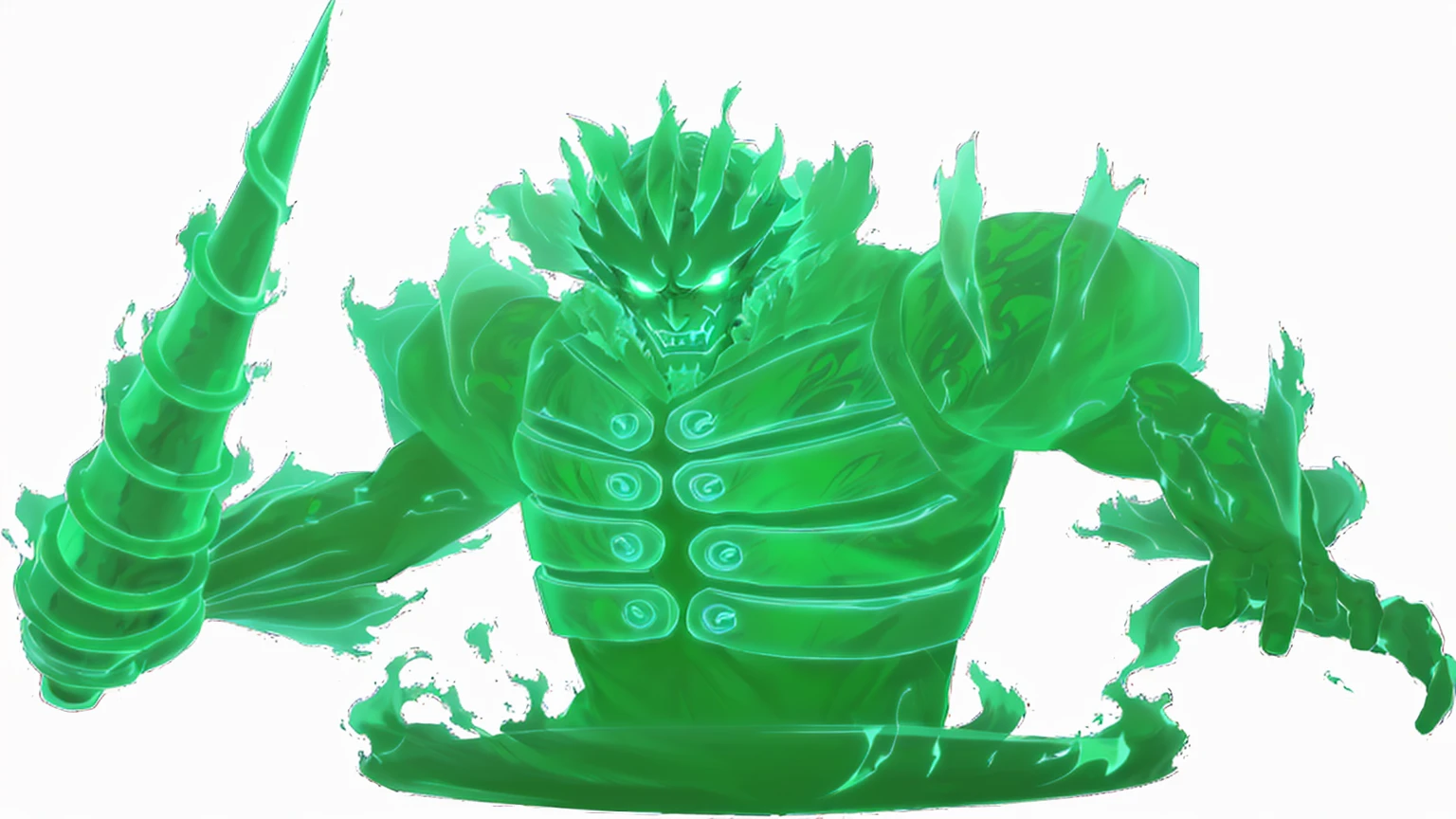 a green and black image of a demon with a sword, luminous water elemental, glowing guy creature, elemental water iridescence, threatening aura, Bushido detailed in the form of smoke, green doom face, green aura, male djinn man demon hybrid, malignant aura, glowing green soul blade, emanating threatening aura, ghostly form, colorful muscular supernatural, Susanoo, anime art, susanoo from sasuke uchiha, skill, giant spirit, translucent black.