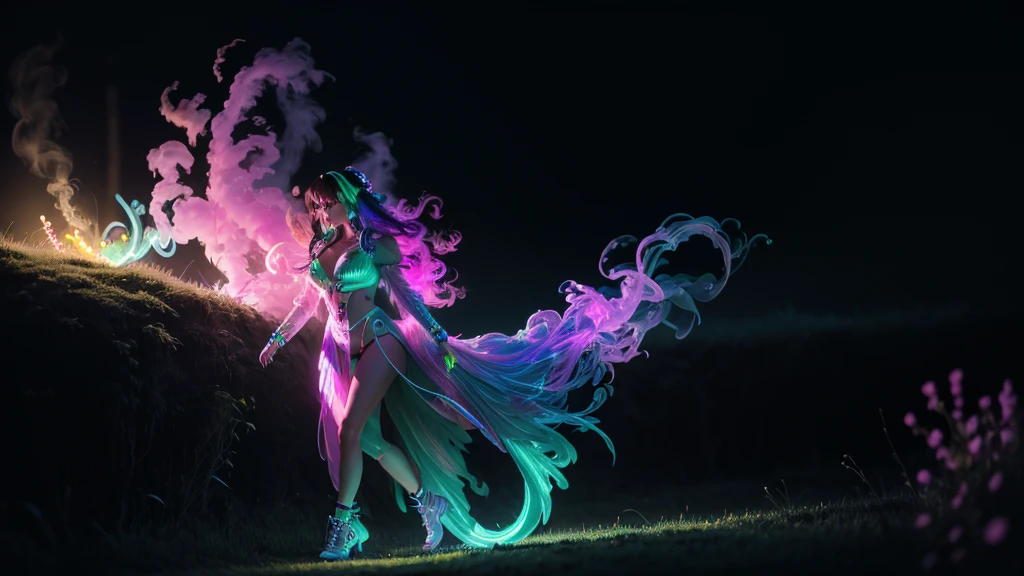a beautiful woman that's glowing in the dark, walking in wonderland neon colors, high detail, long shot, wide shot, 4K, 3D, REALISTIC, (iridescent glow smoke), UHD, 32K, very bold neon colors, black light, neon light