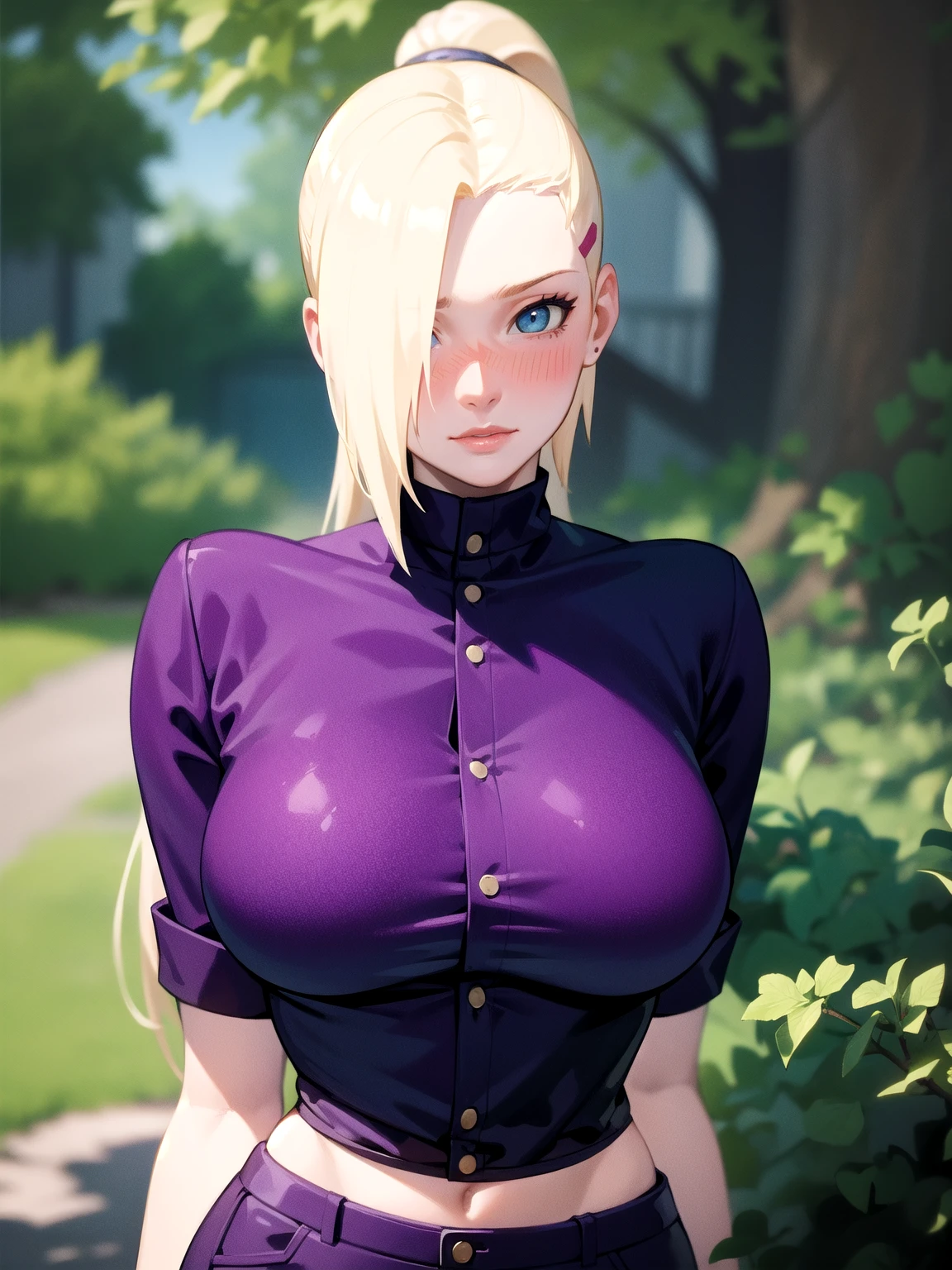{-erro_de_anatomia:1.0} estilo anime, Masterpiece, absurdities, Yamanaka Ino\(Naruto\), 1girl Solo, woman, Perfect composition, Detailed lips, Beautiful face, body proportion, Blush, Long blonde hair, blue eyes, purple blouse, purple pant, Soft gauze, Super realistic, Detailed, photo shoot, Realistic faces and bodies, masterpiece, best quality, best illustration, hyper detailed, 1 woman, solo, glamorous, blushing, upper body, fighting, on nature, look at the view, dimanic poses