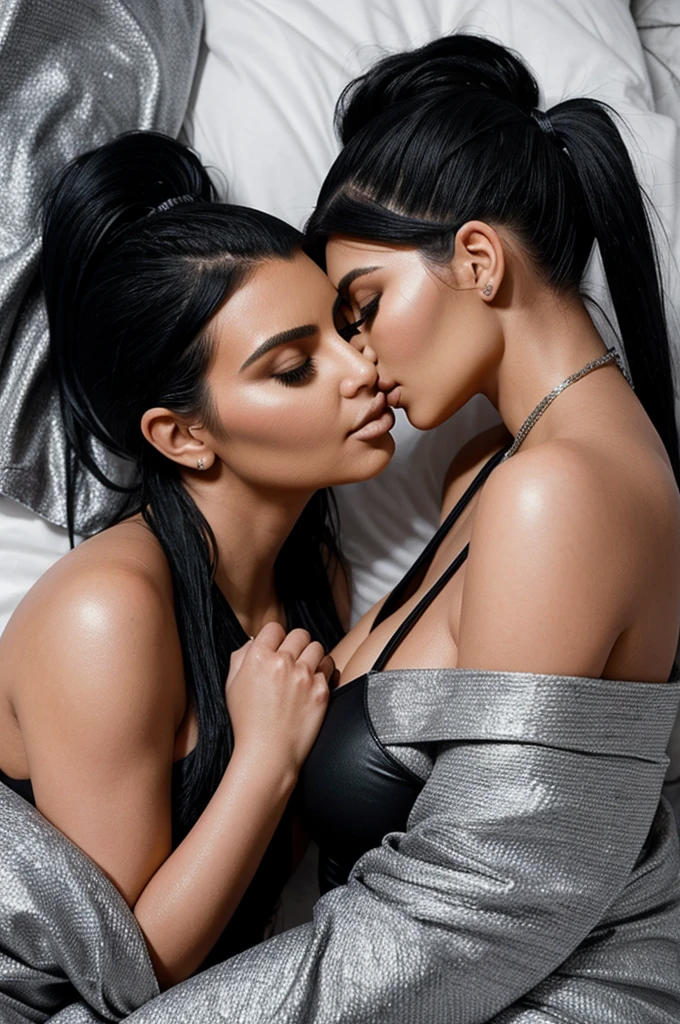 Kim kardashian with realistic gothic silver ponytail and kylie jenner kisses her and they make love under the quilt giving each other a lot of passion and kisses