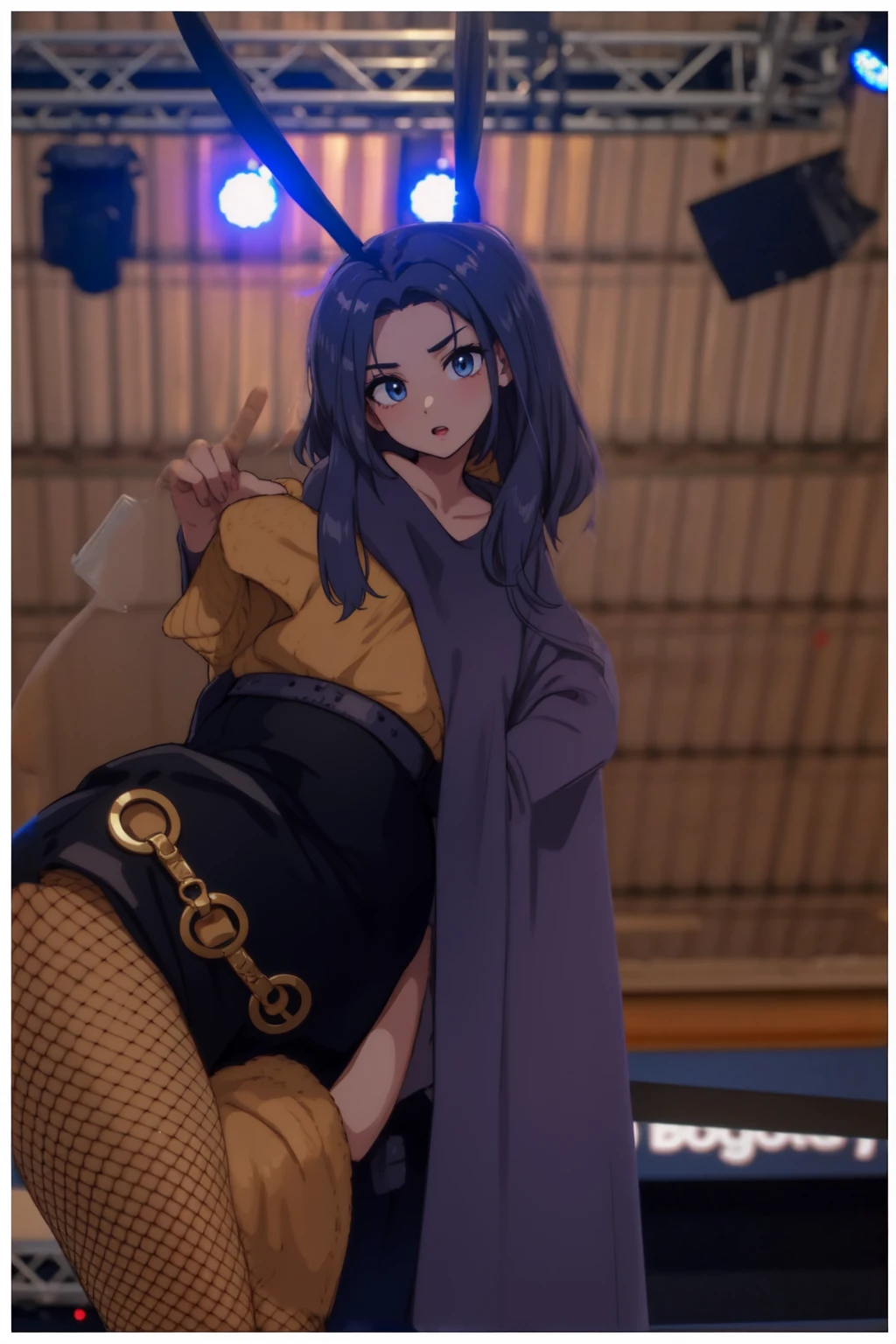 1girl, (angry), purple hair, ((hourglass figure)), black tights, (from below), looking at viewer, ((thick thighs)), ((pussy)), ((lingerie)), ((black lingerie)), ((naked breasts)), (nipples)