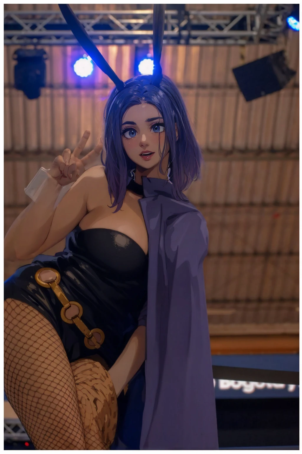 masterpiece, full body, 8k, ultra high definition, high quality, a young girl wearing a sexy outfit, fake bunny ears, purple fake hair, v sign with her fingers