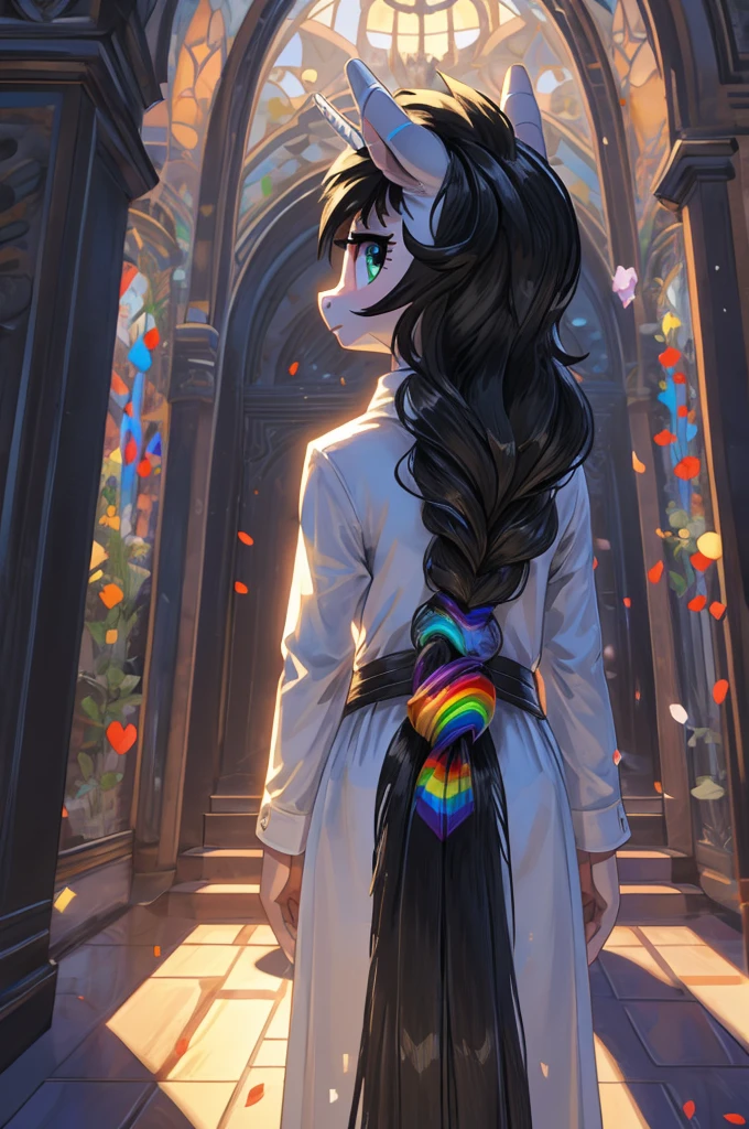 ((art style: MLP)) ((pony)) ((massive: 1.5)) ((white fur)) ((full body view)) ((Alicorn)) ((black mane with rainbow accents)) ((black tail with rainbow accents))