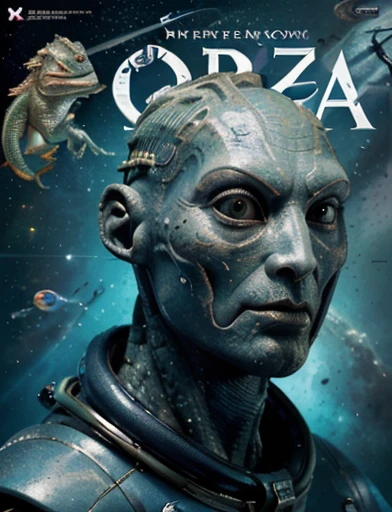 Deluxe edition science fiction magazine cover, ((1 below an alien face of a humanoid has no nose on its face,with lizard-like features and fish-like features, fish mouth, lizard nose, Dragon Eyes)), ((on the right side at the top an astronaut with space suits)) , (((left a face of a captain with a captain&#39;s hat wearing a white and blue uniform he is bearded, plump and chubby))), ((above centered a technological spaceship, in the background a universe and its galaxies)). Text Report on the right in the middle of the magazine cover,  text describing something important in the lower left part of the magazine.