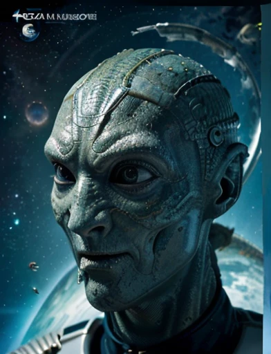 Deluxe edition science fiction magazine cover, ((1 below an alien face of a humanoid has no nose on its face,with lizard-like features and fish-like features, fish mouth, lizard nose, Dragon Eyes)), ((on the right side at the top an astronaut with space suits)) , (((left a face of a captain with a captain's hat wearing a white and blue uniform he is bearded, plump and chubby))), ((above centered a technological spaceship, in the background a universe and its galaxies)). Text Report on the right in the middle of the magazine cover, text describing something important in the lower left part of the magazine.