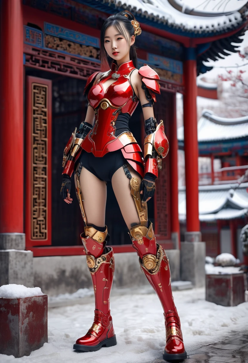 (((full body photo))) A portrait of a girl, costume semi cyborg Red combbination gold iron full body, middle breast, texture skin breast realistic, thight skin texture realistic, boots iron shoes, chinese style, typing art background, realist style, reality, photo, skin texture,dermatoglyphy,full body,snowscape,