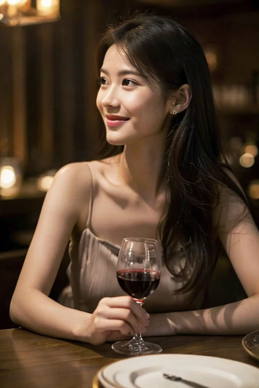 （Highest quality）((masterpiece)), (detailed)、One girl, sexy、front view of A photograph of 25 years old young woman sitting at a table in a very dimly lit restaurant, captured from across the table. She is elegantly dressed, with a warm and inviting smile. The table is set with various items such as a wine glass, a plate with gourmet food, and a candle adding a soft, warm glow to the scene. The background features a dark, intimate restaurant ambiance with subtle lights and shadows, enhancing the cozy atmosphere. The lighting is soft and natural, highlighting the details of her features and the textures of the objects on the table. The overall composition should evoke a sense of intimacy and casual conversation in a sophisticated dining setting.