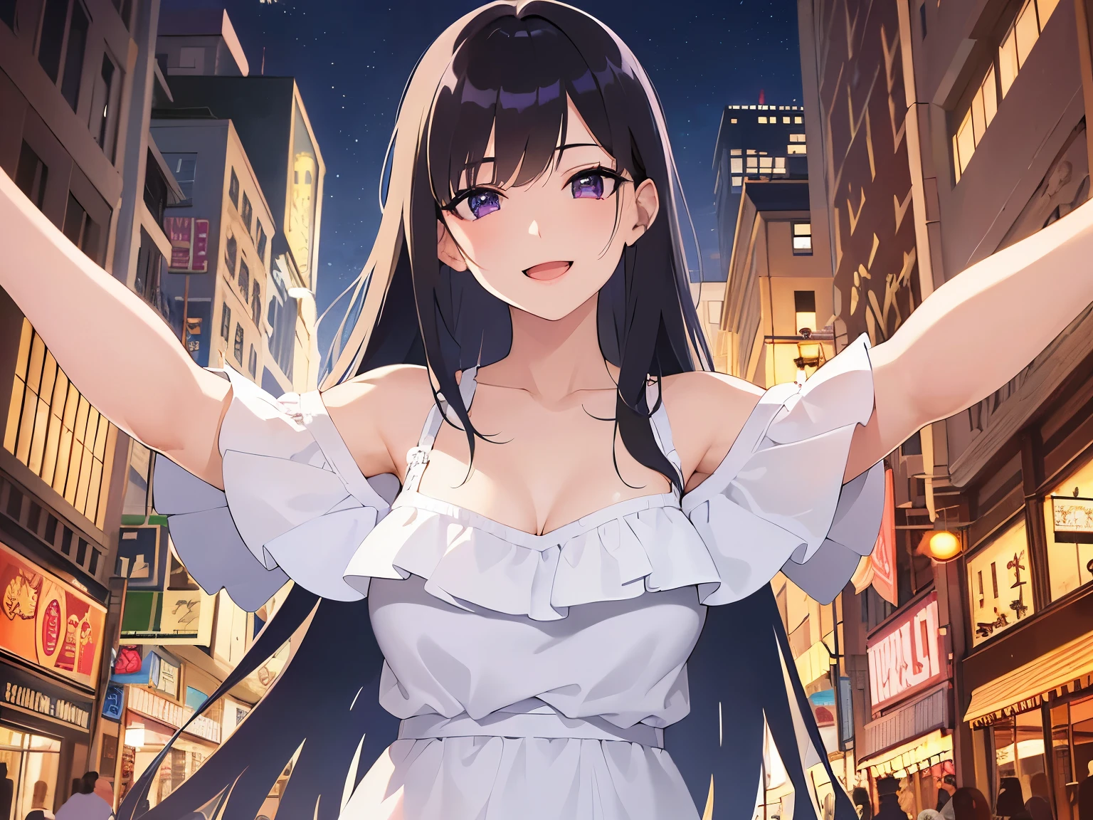 Detailed CG, Ultra-fine illustrations,masterpiece,Highest quality, AW Photo,(Pale skin:1.2),Glossy skin, shiny hair,(A 26-year-old woman with straight hair and bangs)and(Medium Hair)and(Black Hair)and(Purple eyes)BREAK(white:1.5)and(off shoulder blouse:1.5)BREAK,(smile:1.5)and(open mouth),(upturned eyes),(spread arms:1.5),The background is a late-night shopping street,alone,Cleavage