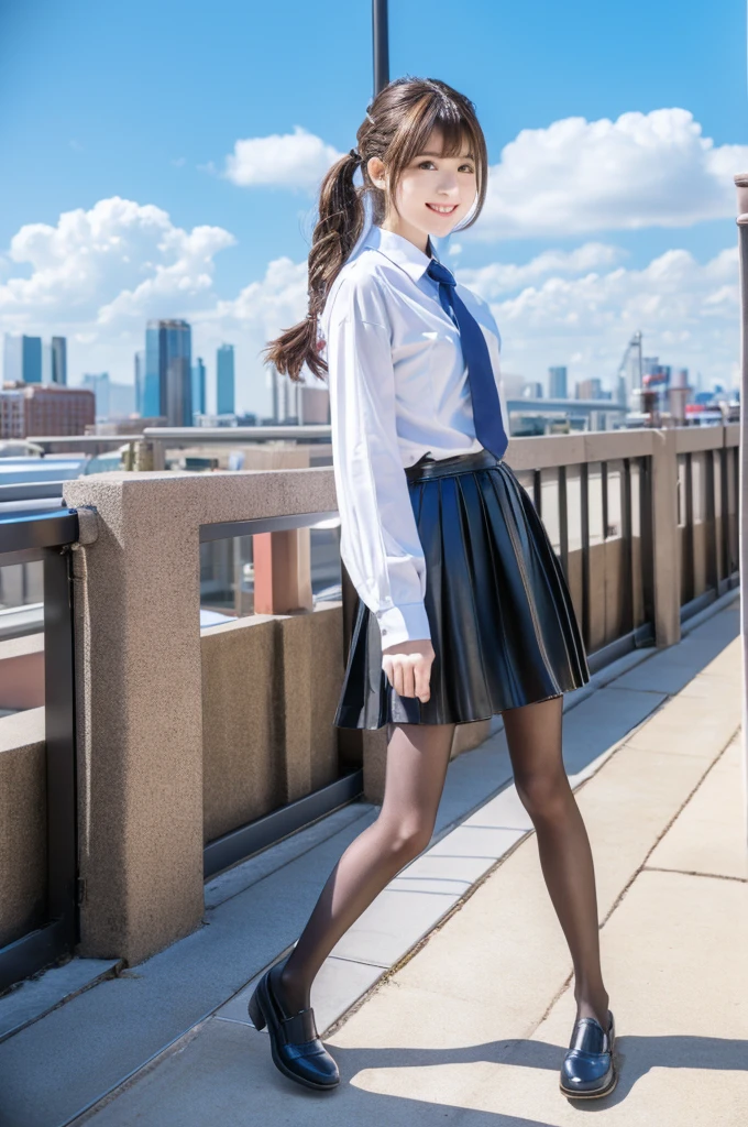 (masterpiece), (Highest quality), (High resolution),Realistic skin texture, Perfect Face, Realistic, Perfect hands, Perfect finger count, Japanese, Girl, (20-year-old), Big Eyes, Brown eyes, Brown Hair, bangs, Twin tails, Hair Ribbon, Small face, Light Smile, ((Realistic cat ears, White button-up shirt, tie, Leather mini pleated skirt, stockings)), Are standing, Cute pose, Rooftop with a view of the city, Blue sky and clouds, Hair blowing in the wind