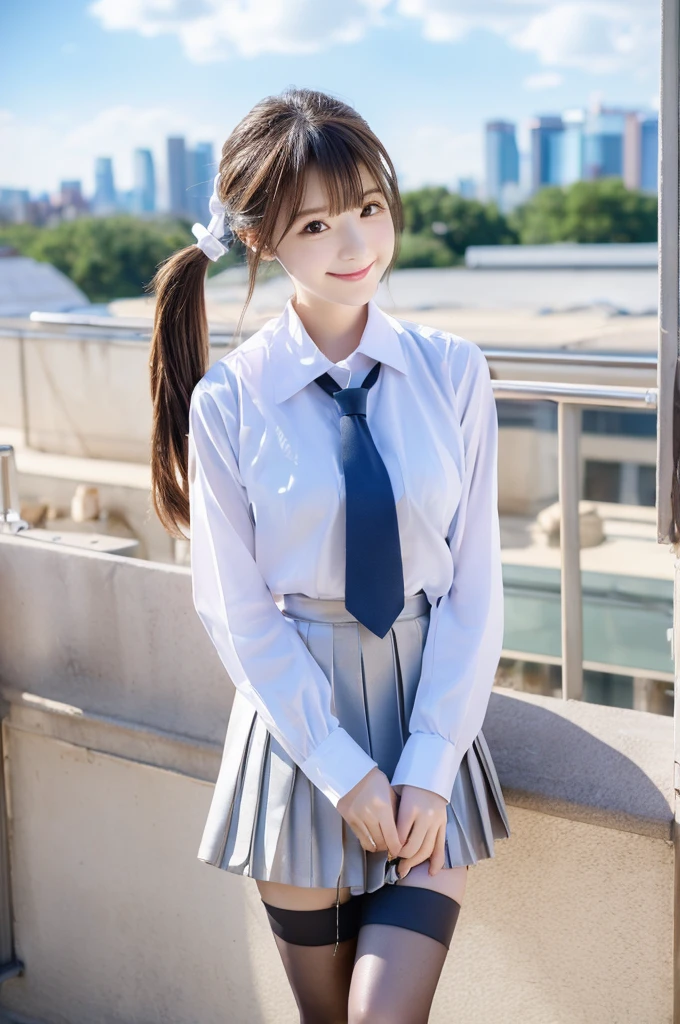 (masterpiece), (Highest quality), (High resolution),Realistic skin texture, Perfect Face, Realistic, Perfect hands, Perfect finger count, Japanese, Girl, (20-year-old), Big Eyes, Brown eyes, Brown Hair, bangs, Twin tails, Hair Ribbon, Small face, Light Smile, ((Realistic cat ears, White button-up shirt, tie, Leather mini pleated skirt, stockings)), Are standing, Cute pose, Rooftop with a view of the city, Blue sky and clouds, Hair blowing in the wind