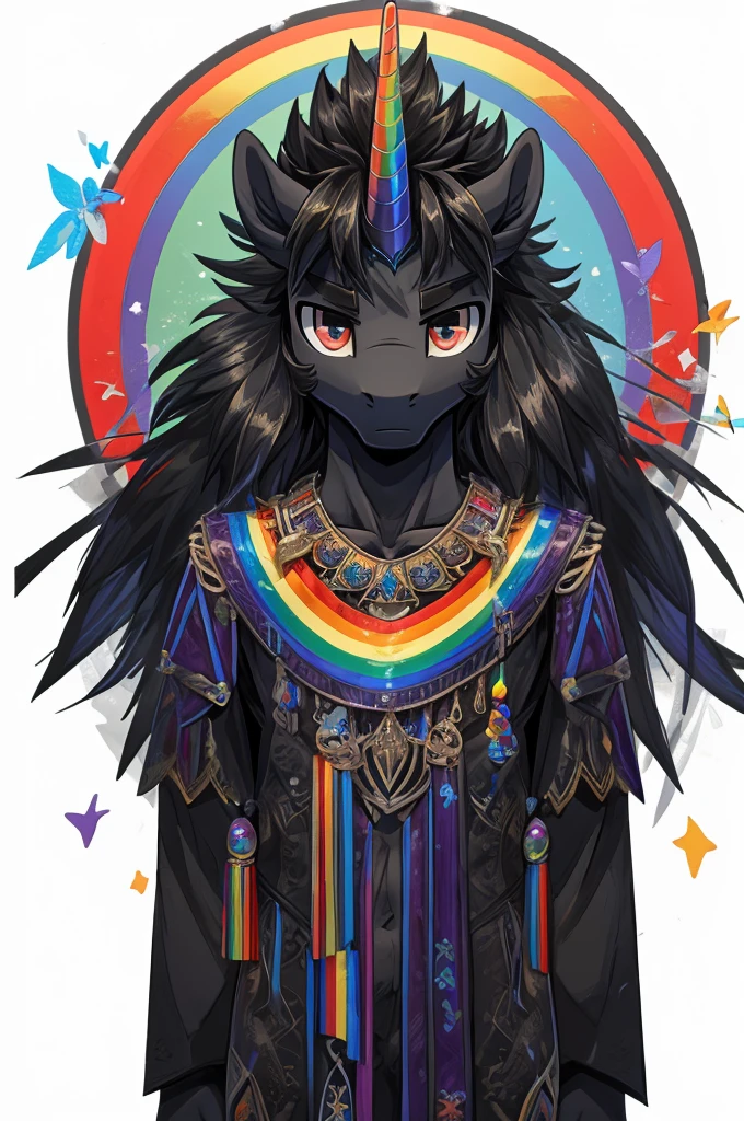 ((art style: MLP)) ((pony)) ((massive: 1.5)) ((white fur)) ((full body view)) ((Alicorn)) ((black mane with rainbow accents)) ((black tail with rainbow accents)) (front view) ((male))