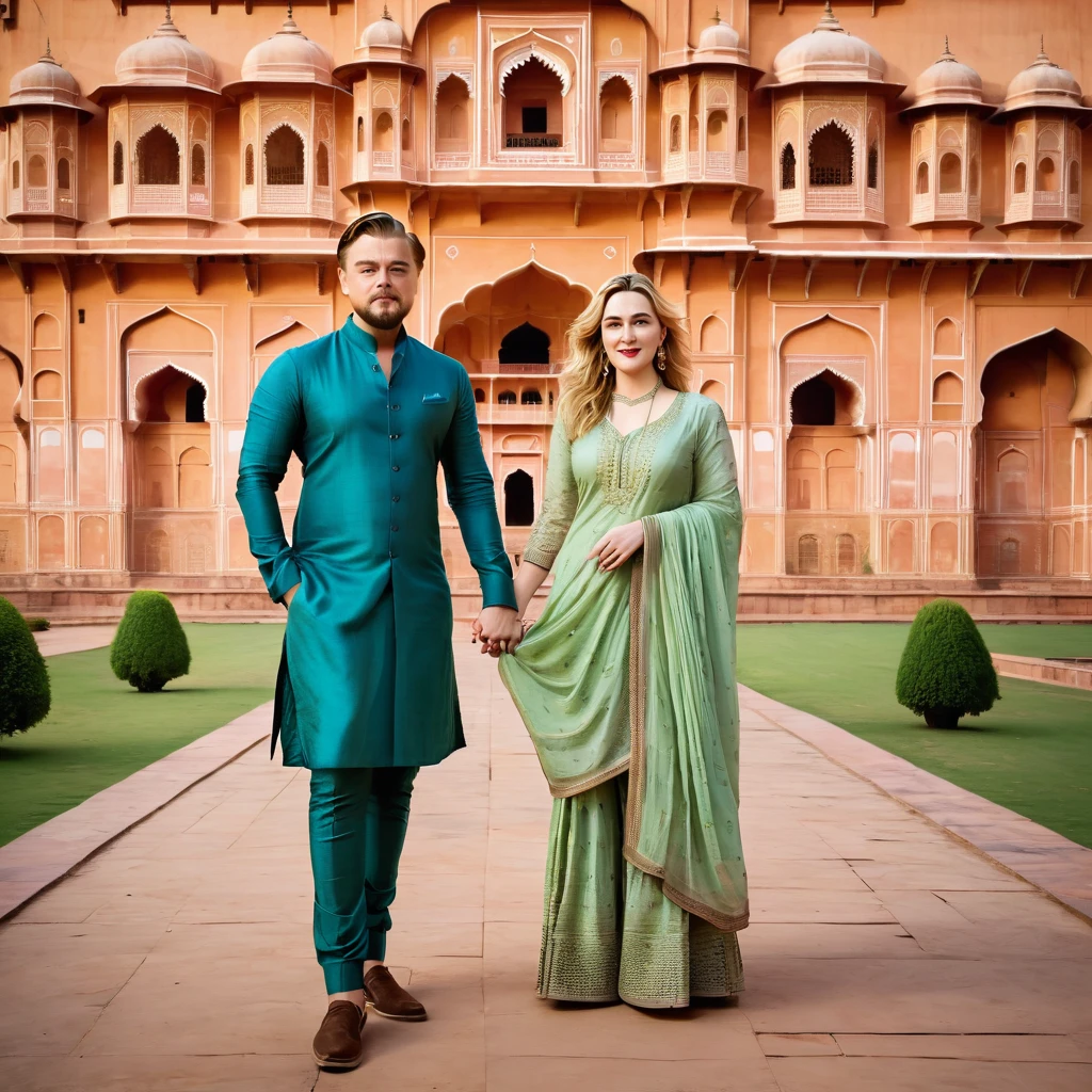 Leonardo DiCaprio and Kate Winslet in standing in a park with Taj Mahal in the background, wearing a kurta, wearing a silk kurta, full body photogenic shot, dressed in a jodhpuri suit, inspired by Narayan Shridhar Bendre, vastayan, inspired by Rajesh Soni, inspired by Kailash Chandra Meher, full body photgraph