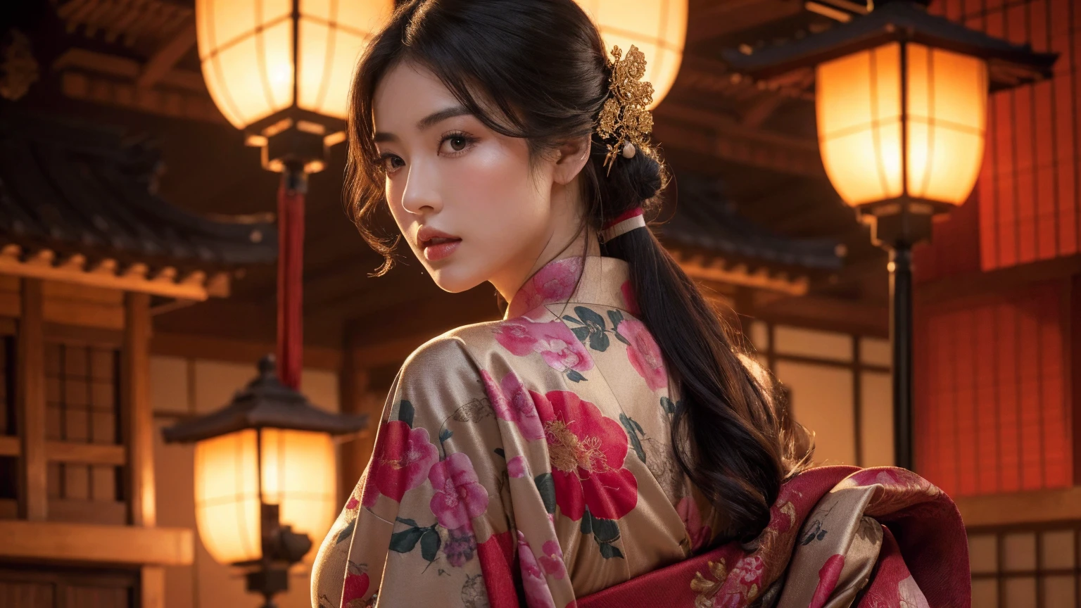 big breasted japanese woman in elaborate kimono, ornate shrine, cinematic atmosphere, (best quality,4k,8k,highres,masterpiece:1.2),ultra-detailed,(realistic,photorealistic,photo-realistic:1.37),(looking at viewer),highly detailed face,beautiful detailed eyes,beautiful detailed lips,extremely detailed eyes and face,long eyelashes,intricate kimono design,ornate shrine background,warm lighting,dramatic shadows,vibrant colors,photorealistic