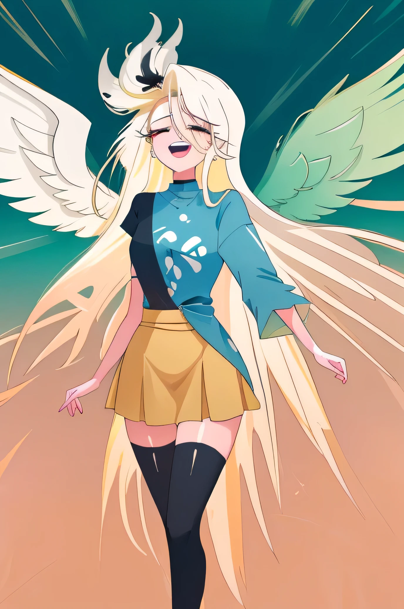 absurdres, (best quality: 1.0), (super high res: 1.0), extremely detailed character, 1girl, angel girl, ((large angel wings)), 6 wings, six wings, ((open eyes on wings looking at viewer)), ((black wings)), (((multiple wings))), ((wings on head)), (((open eyes on hair looking at viewer))), extremely long hair, ((white hair)), ((platinum blonde colored inner hair)), grey eyes, ((full body)), ((colorful pastel clothes)), colorful, ((pastel color skirt, pastel color shirt)), soft pastel colors, ((mini skirt)), ((zettai ryouiki)), ((thigh gap)), small breasts, standing, medieval, RPG, pearls, petals, hypnotizing, combat pose, confident, smiling, wings outstretched