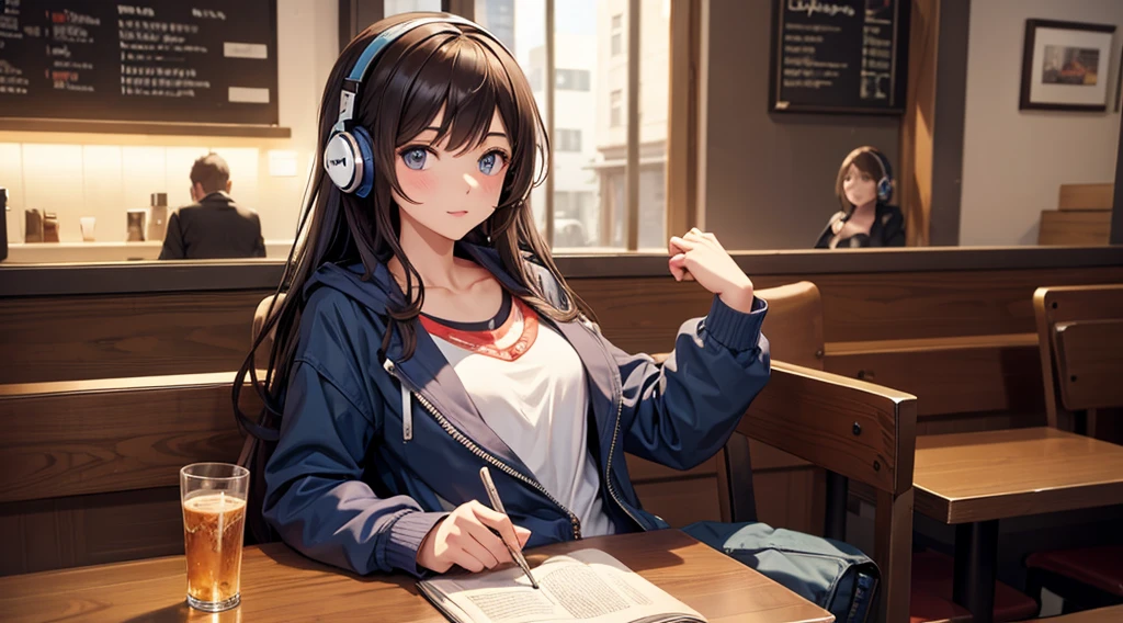 Girl with headphones enjoying music in a cafe　I am studying　Emphasize a little bit of the chest