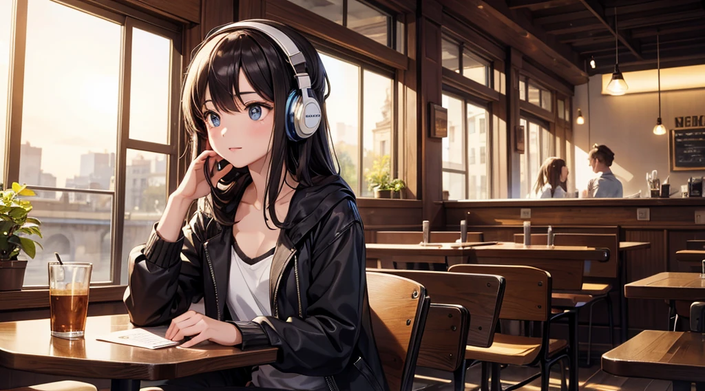 Girl with headphones enjoying music in a cafe　I am studying　Emphasize a little bit of the chest