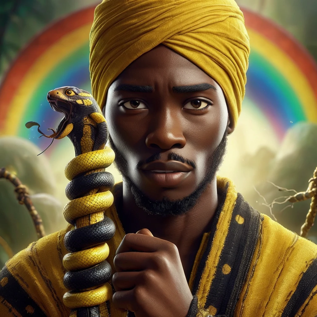 African man in yellow and black robes next to a yellow snake.