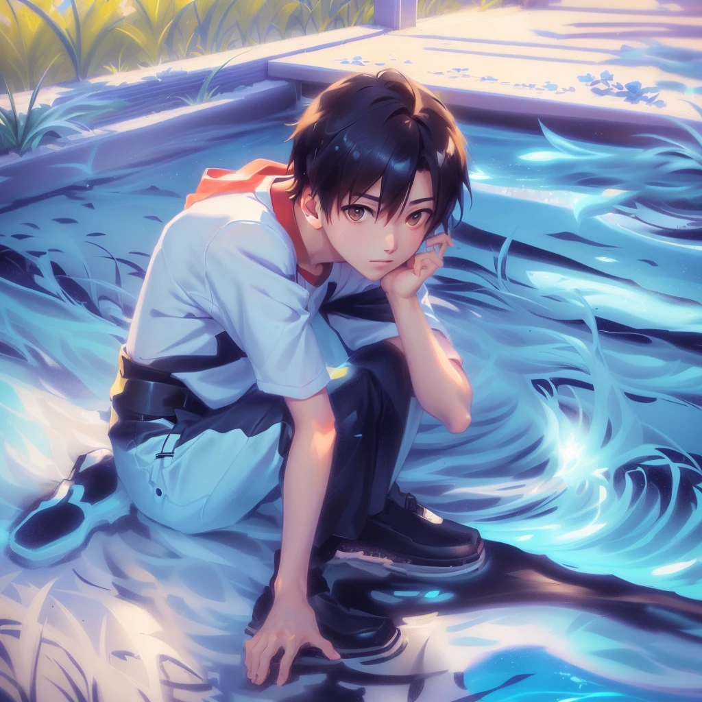 Anime boy sitting on the ground by the pool, Shinkai Makoto art style, Shinkai Makoto cyril rolando, Shinkai Makoto!!, Shinkai Makoto!, Shinkai Makoto style, ( ( Shinkai Makoto ) ), Shinkai Makoto. Digital Rendering, 4k comics wallpaper, style of Shinkai Makoto