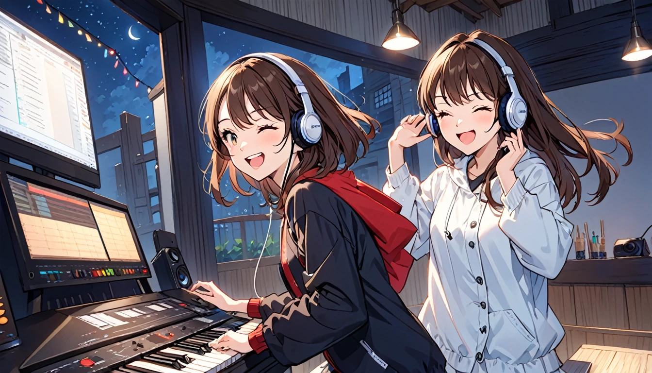 Girl wearing headphones,Getting in the rhythm,Brown Hair,One girl,Winking,Late night studio