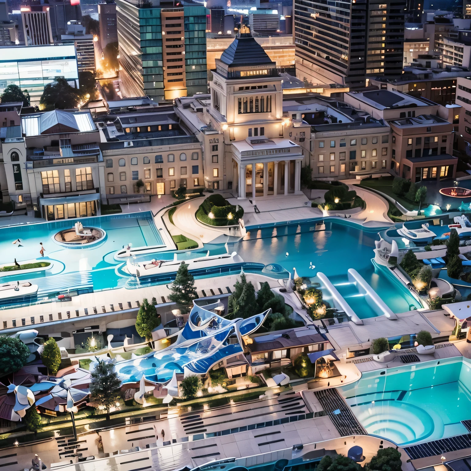 best quality, ultra-detailed, buildings, (1girl, pool, lay down:1.4)