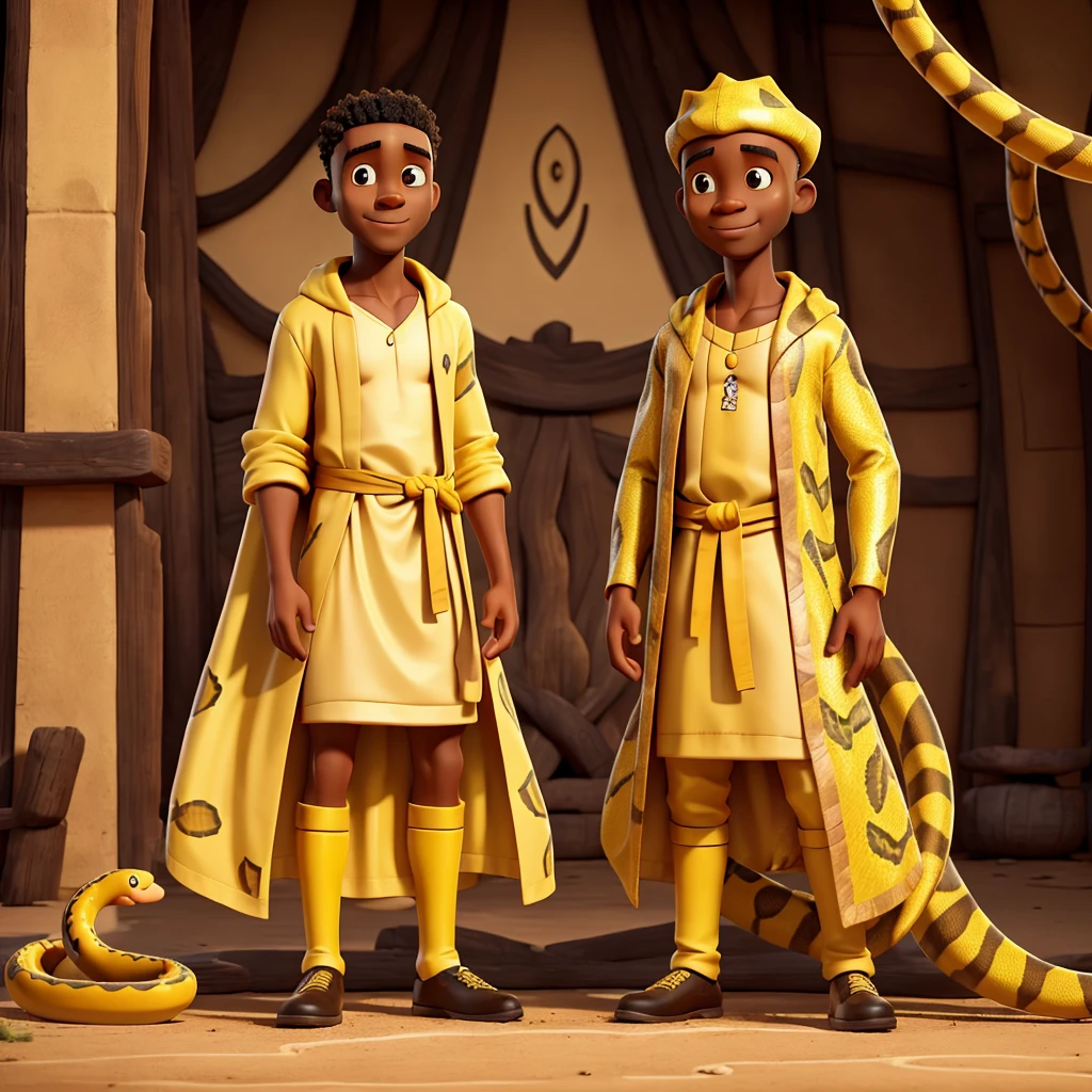 African man in yellow and black robes next to a yellow snake.