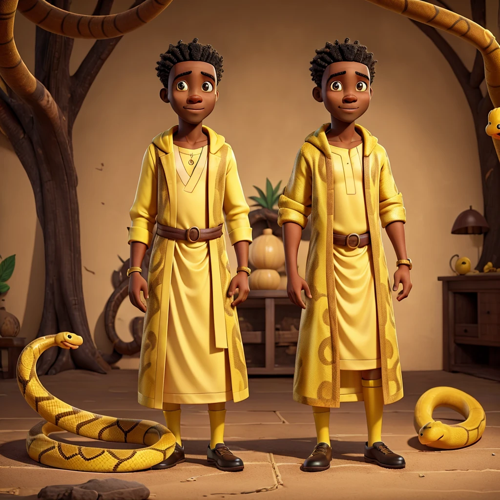 African man in yellow and black robes next to a yellow snake.