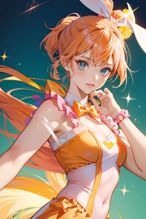 Neon Bunny is an orangish girl bunny with pink and orange hair in a little ponytail. She is wearing a pink and teal bow in her hair too. And she is also wearing a yellow ribbon with a bell around her neck. SPARKLE; GLITTER
