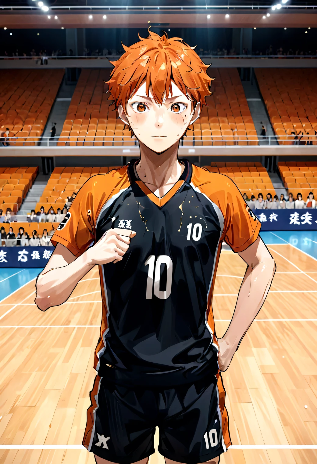 masterpiece, best quality, very aesthetic, absurdres, 1boy, hinata shouyou,	haikyuu!!, 
Black and orange number 10 volleyball uniforms, Gut-punch with right hand and roar, smug look, spattering sweat, Vibrancy, dramatic, beating heart, sense of achievement, 
Gymnasium, volleyball court