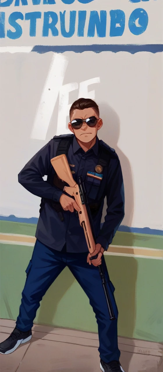 soldier wearing brown uniform, black beret, sunglasses and carrying rifle

