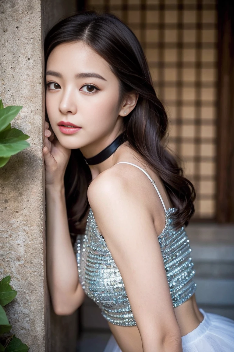 Dark brown hair、Light brown eyes、Japanese actress、 Lady、I am about 40 years old..、(私ntricate details:1.2)、(Which is the top??????:1.4)、 (Ultra-high resolution:1.2)、Ultra-high resolution、(Finely tuned)、(Detailed facial features)、8K resolution、D cup size breasts、Long Hair、masterpiece,Highest quality、street、choker、Voluminous tulle mini skirt、Leaning against a wall、Beautiful feet、Crop top、landscape、
