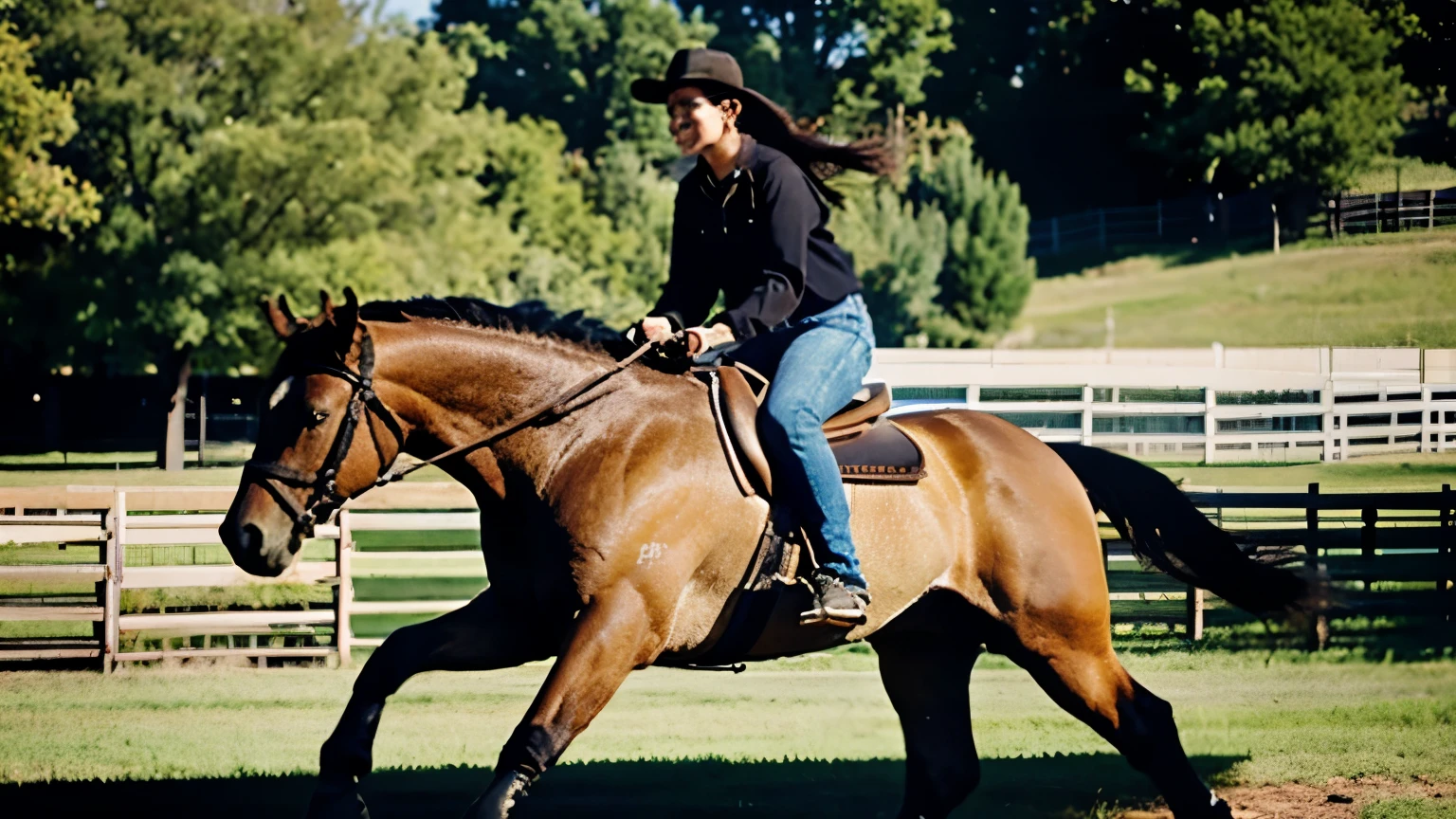 A beautiful 15 year old girl riding a horse at the ranch