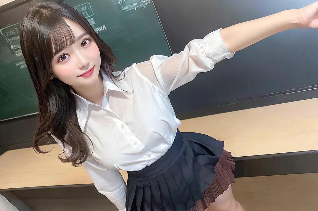 ((1 girl)), ((Best Quality)), ((Ultra-detailed)), ((High resolution)), (8K Wallpaper), ((Perfect dynamic composition)), Realistic, Indoors, In the classroom, A blackboard and some tables, ((Cinematic lighting)), Solo, Cowboy shot, Japanese girl, Wavy long hair, Bangs, Brown hair, ((Beautiful detailed eyes)), , (Dress shirt:1.4), White shirt, ((Large breasts)), Short sleeve, Navy pleated skirt, Short skirt, Standing, Seductive pose, Smile, (Looking at viewer)