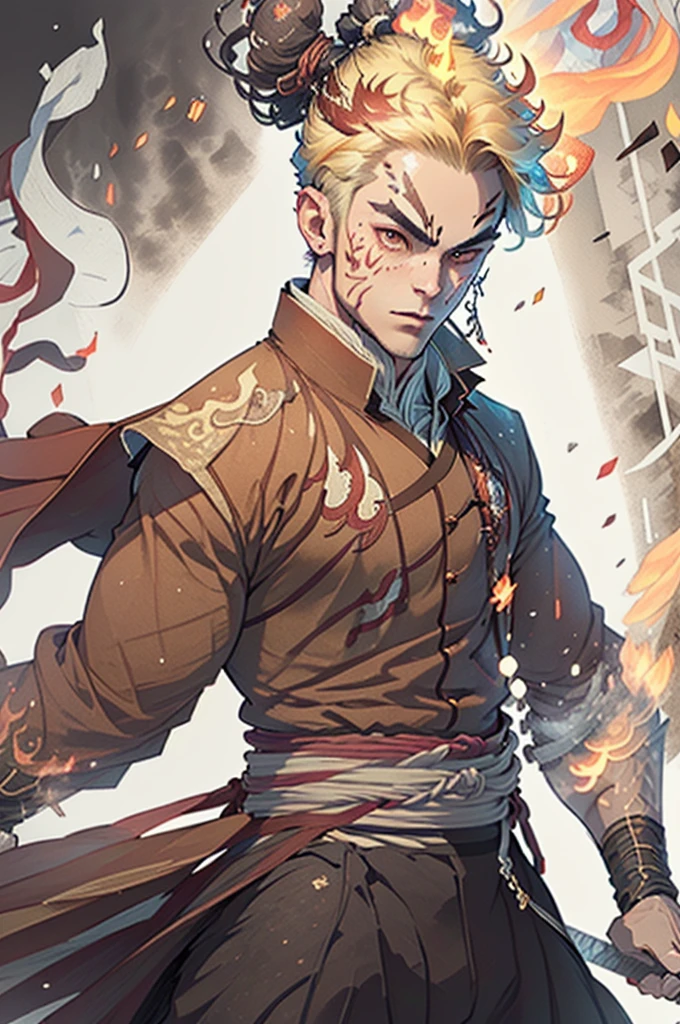 ((best quality)), ((artwork)), (detailded), (8k resolution), adult man, experienced swordsman, Large katana rich in details, red marks on the face, Red neon aura, flames in the background, white kimono, Hair a little dark, , color scheme, pensive stillness, background with flames, Intricate details, photographic realism, fully body.